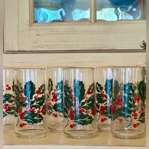Libbey Glass set of 6 festive holly & berries high ball glasses